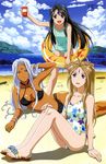  3girls aa_megami-sama beach belldandy bikini black_hair blue_eyes brown_eyes brown_hair cloud facial_mark forehead_mark goddess highres innertube long_hair looking_at_viewer multiple_girls official_art outdoors siblings sisters skuld sky swimsuit urd white_hair 