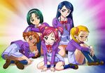  akimoto_komachi haruyama_kazunori kasugano_urara_(yes!_precure_5) l'ecole_des_cinq_lumieres_school_uniform minazuki_karen multiple_girls natsuki_rin panties pantyshot precure purple_skirt rainbow_background skirt two_side_up underwear yes!_precure_5 yumehara_nozomi 