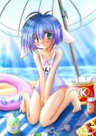  alternate_eye_color animal_ears bangs beach blancmanche_mint blue_hair blush candy character_name fast_food galaxy_angel green_eyes innertube kneeling lollipop mint_blancmanche ocean one-piece_swimsuit outdoors potato_chips shaved_ice short_hair solo swimsuit v_arms 