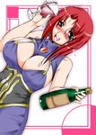 1girl alcohol blush bottle breasts cleavage cleavage_cutout dutch_angle forte_stollen galaxy_angel green_eyes large_breasts looking_at_viewer monocle no_bra open_mouth red_hair smile solo stollen_forte 