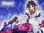  andou_mahoro blue_hair green_eyes gun mahoromatic maid motor_vehicle motorcycle vehicle wallpaper weapon 