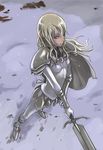  armor blonde_hair cape claymore claymore_(sword) face flora_(claymore) from_above gauntlets long_hair snow snowing solo sword tea_(nakenashi) weapon 