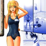  blonde_hair excel excel_saga fang green_eyes hyatt iwata_norikuni long_hair matsuya_misaki one-piece_swimsuit open_mouth school_swimsuit smile swimsuit wet wink 