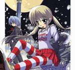  1boy 1girl ayasaki_hayate blonde_hair blue_hair butler formal hayate_no_gotoku! lowres moon night patterned_legwear red_skirt sanzen'in_nagi sanzenin_nagi skirt snow striped striped_legwear suit thighhighs two-tone_stripes white_stripes 