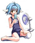  1girl animal_ears bangs blancmanche_mint blue_hair electric_fan fan galaxy_angel looking_at_viewer mint_blancmanche popsicle school_swimsuit short_hair simple_background solo swimsuit tongue_out wariza white_background yellow_eyes 