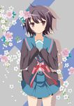  bad_id bad_pixiv_id black_hair brown_eyes cardigan flower h kita_high_school_uniform nagato_yuki rin_(ateria) school_uniform serafuku short_hair solo suzumiya_haruhi_no_yuuutsu 