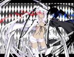  alternate_color alternate_hair_color argyle argyle_background bikini_top black_hair black_rock_shooter black_rock_shooter_(character) black_vs_white boots burning_eye butt_crack daive dark_skin dimples_of_venus dual_persona long_hair midriff multiple_girls navel pale_skin red_eyes scar shorts sword thigh_boots thighhighs twintails very_long_hair weapon white_hair white_rock_shooter white_skin 