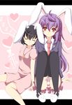  animal_ears animal_slippers bad_id bad_pixiv_id black_hair black_legwear blazer bunny_ears bunny_slippers carrot closed_eyes heart inaba_tewi jacket jewelry long_hair multiple_girls necktie panties pantyshot pantyshot_(sitting) pendant purple_hair red_eyes reisen_udongein_inaba rin_(ateria) short_hair sitting sleeping slippers striped striped_panties thighhighs touhou underwear yuri 