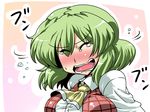  ascot blush breasts closed_eyes green_hair highres kazami_yuuka large_breasts plaid plaid_vest reference_work shaking_head short_hair solo tears touhou tsuki_wani upper_body vest 