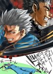  berserk black_hair blue_eyes clenched_teeth closed_eyes devil_may_cry dragonslayer_(sword) guts katana m.u.g.e.n male_focus multiple_boys nagare silver_hair sword teeth translation_request vergil weapon yamato_(sword) 