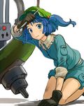  blue_eyes blue_hair gloves hair_bobbles hair_ornament hat iwamoto_zerogo kawashiro_nitori short_hair sleeves_rolled_up solo touhou twintails two_side_up wrench 