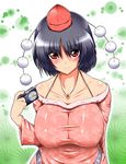  alternate_costume bad_id bad_pixiv_id bare_shoulders black_hair blush bra_strap breasts camera casual cleavage contemporary futaba_suetsuki hat jewelry large_breasts leaf looking_at_viewer necklace red_eyes shameimaru_aya short_hair smile solo tokin_hat touhou 