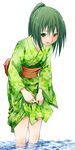  1girl bangs clothes_lift flat_chest green_eyes green_hair green_kimono japanese_clothes kimono kimono_lift leaning_forward legs looking_up obi original ponytail sash solo wading water yukata 