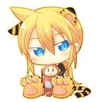  :&lt; animal_ears blonde_hair blue_eyes chibi earrings hyakko jewelry kageyama_torako long_hair paws pikachi ponytail solo tail tiger_ears tiger_tail 