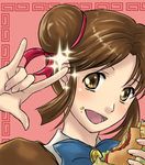  \m/ brown_hair double_bun food fushigi_yuugi hamburger macross macross_frontier parody ranka_lee yuuki_miaka 