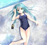  aqua_eyes aqua_hair bad_id bad_pixiv_id bandaid bandaid_on_leg digital_media_player earbuds earphones from_above h016 hatsune_miku ipod long_hair lying on_back one-piece_swimsuit pool school_swimsuit solo swimsuit twintails vocaloid water 
