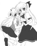  einhart_stratos greyscale holding_hands lyrical_nanoha mahou_shoujo_lyrical_nanoha_vivid monochrome multiple_girls school_uniform st._hilde_academy_of_magic_uniform uniform vivio 