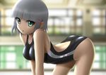  :o aizawa_sakuya all_fours arched_back bad_id bad_pixiv_id blurry competition_swimsuit depth_of_field green_eyes grey_hair hair_ornament hairclip hayate_no_gotoku! one-piece_swimsuit pool pose reflection shiny shiny_clothes short_hair single_vertical_stripe siraha solo swimsuit 