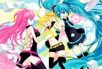  aqua_eyes aqua_hair bad_id bad_pixiv_id blonde_hair cube detached_sleeves hair_ribbon hatsune_miku headphones kagamine_rin long_hair megurine_luka multiple_girls necktie pink_hair ribbon short_hair skirt smile thighhighs twintails very_long_hair vocaloid wogura zettai_ryouiki 