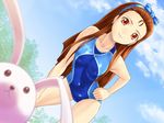  bent_over brown_eyes brown_hair bunny competition_swimsuit dutch_angle hairband hand_on_hip idolmaster idolmaster_(classic) long_hair minase_iori muhi11234 one-piece_swimsuit solo swimsuit 