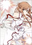  asuna_(sao) brown_eyes brown_hair cross detached_sleeves long_hair mizuki_makoto skirt solo sword sword_art_online thighhighs weapon 