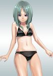  aro_(charged_time_out) ass_visible_through_thighs bad_id bad_pixiv_id bikini black_bikini breasts cowboy_shot gradient gradient_background green_hair grey_background lips long_hair looking_at_viewer navel original parted_lips purple_eyes simple_background small_breasts solo swimsuit 