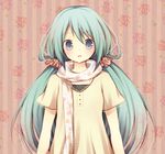  aqua_eyes aqua_hair bad_id bad_pixiv_id blush casual chizu_(fiute) flower hatsune_miku long_hair scarf scrunchie solo twintails vocaloid 