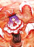  fish frills hat highres long_hair nagae_iku purple_hair red_eyes ripples shawl shirosa sitting smile solo touhou water 