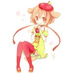  animal_ears apple aruya_(flosrota) bad_id bad_pixiv_id brown_eyes brown_hair choker dog_ears dog_tail food fruit hat holding holding_food holding_fruit original ribbon_choker short_hair solo tail thighhighs 