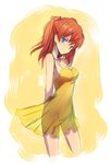  arms_behind_back bare_shoulders blue_eyes cowboy_shot cropped_legs dress kara_(color) neon_genesis_evangelion no_panties red_hair see-through short_dress silhouette solo souryuu_asuka_langley yellow yellow_background yellow_dress 