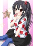  black_hair blue_legwear brown_eyes food fruit k-on! listen!! long_hair minamori_noeru nakano_azusa pantyhose polka_dot side_ponytail solo strawberry 