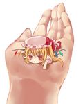 blonde_hair chibi flandre_scarlet hands hat highres in_palm jitome minigirl okemai out_of_frame pov pov_hands red_eyes short_hair side_ponytail size_difference solo_focus touhou wings 