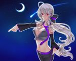  bad_id bad_pixiv_id belt breasts cleavage crescent_moon denim detached_sleeves grey_hair groin highres jeans large_breasts lips long_hair moon navel necktie nez-doll night pants pink_eyes purple_eyes red_eyes silver_hair smile solo vocaloid voyakiloid yowane_haku 