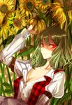  arm_garter arm_up bad_id bad_pixiv_id breasts cleavage flower frown glowing glowing_eyes green_hair kazami_yuuka kol49 large_breasts plaid plaid_vest puffy_sleeves red_eyes shaded_face short_hair sitting solo sunflower ton_(pixiv37657) touhou upper_body vest 