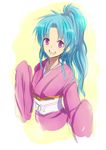  1girl blue_hair botan_(yu_yu_hakusho) botan_(yuu_yuu_hakusho) color_(artist) female japanese_clothes kara_(color) kimono long_hair open_mouth pink_eyes ponytail solo yu_yu_hakusho yuu_yuu_hakusho 