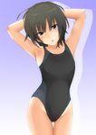  amagami arms_up black_hair brown_eyes competition_swimsuit face head_tilt kishida-shiki nanasaki_ai one-piece_swimsuit solo swimsuit 