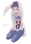  animal_ears artist_request blush brown_hair bunny_ears bunny_tail character_doll full_body ikari_gendou ikari_shinji looking_at_viewer male_focus neon_genesis_evangelion simple_background sitting solo stuffed_toy tail white_background 