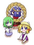  blue_eyes blue_skirt blush chibi detached_sleeves full_body gokei green_hair headband kochiya_sanae long_sleeves looking_at_viewer looking_back moriya_suwako multiple_girls rope sitting skirt tareme touhou vest yasaka_kanako 