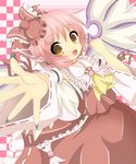  animal_ears bow brown_eyes checkered checkered_background cosplay detached_sleeves earrings fingernails foreshortening green_nails hakurei_reimu hakurei_reimu_(cosplay) hands jewelry kumatoshi long_fingernails mystia_lorelei nail_polish pink_hair ribbon sarashi short_hair solo touhou wings 