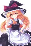  absurdres apron blonde_hair bow dreamlight2000 hair_bow hand_on_hip hat hat_ribbon highres kirisame_marisa long_hair pointing ribbon solo touhou witch_hat yellow_eyes 