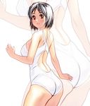  ass bad_id bad_pixiv_id black_hair brown_eyes competition_swimsuit cowboy_shot ishida_to_asakura looking_back masao one-piece_swimsuit satou-san short_hair solo swimsuit white_swimsuit zoom_layer 