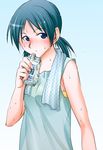  1girl armpits bangs blue_eyes blue_hair blush drink exercise original parted_bangs short_twintails solo sweat tank_top towel twintails 