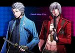  belt blue_eyes coat dante_(devil_may_cry) devil_may_cry devil_may_cry_3 ebony_&amp;_ivory fingerless_gloves gloves gun hand_in_pocket handgun holding katana kuren male_focus multiple_boys muscle navel one_eye_closed sheath sheathed silver_hair smile sword trench_coat vergil weapon yamato_(sword) 