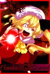  blonde_hair border character_name crazy_eyes crystal fingernails flandre_scarlet hair_ribbon hat kitakaze_higashikaze long_fingernails nail_polish open_mouth red_border red_eyes red_nails ribbon short_hair side_ponytail solo touhou wings 