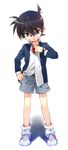 adjusting_bow adjusting_clothes belt black_hair blue_eyes bow bowtie brown_hair child edogawa_conan formal glasses hand_on_hip highres male_focus meitantei_conan open_mouth shorts solo suit toujou_sakana watch wristwatch 