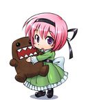  child domo-kun dress green_dress hairband nippon_housou_kyoukai original pink_hair purple_eyes shiroyama_shakkuu short_hair solo standing stuffed_animal stuffed_toy 