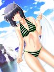  antennae bikini black_hair cloud day ghost_sweeper_mikami hakkai highres lips luciola navel red_eyes sky striped swimsuit 