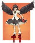  bad_id bad_pixiv_id black_hair black_wings bobby_socks geta hat kansou_samehada looking_at_viewer notebook open_mouth pencil red_eyes shameimaru_aya short_hair simple_background socks solo tengu-geta tokin_hat touhou wings 