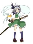  bad_id bad_pixiv_id black_hairband blue_eyes ghost hairband kansou_samehada katana konpaku_youmu konpaku_youmu_(ghost) sheath sheathed short_hair silver_hair smile solo standing sword touhou weapon 