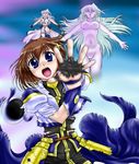  blue_eyes breasts brown_hair long_hair lyrical_nanoha mahou_shoujo_lyrical_nanoha mahou_shoujo_lyrical_nanoha_strikers multiple_girls nude reinforce reinforce_zwei short_hair silver_hair single_thighhigh small_breasts tarisa thighhighs time_paradox torn_clothes yagami_hayate 